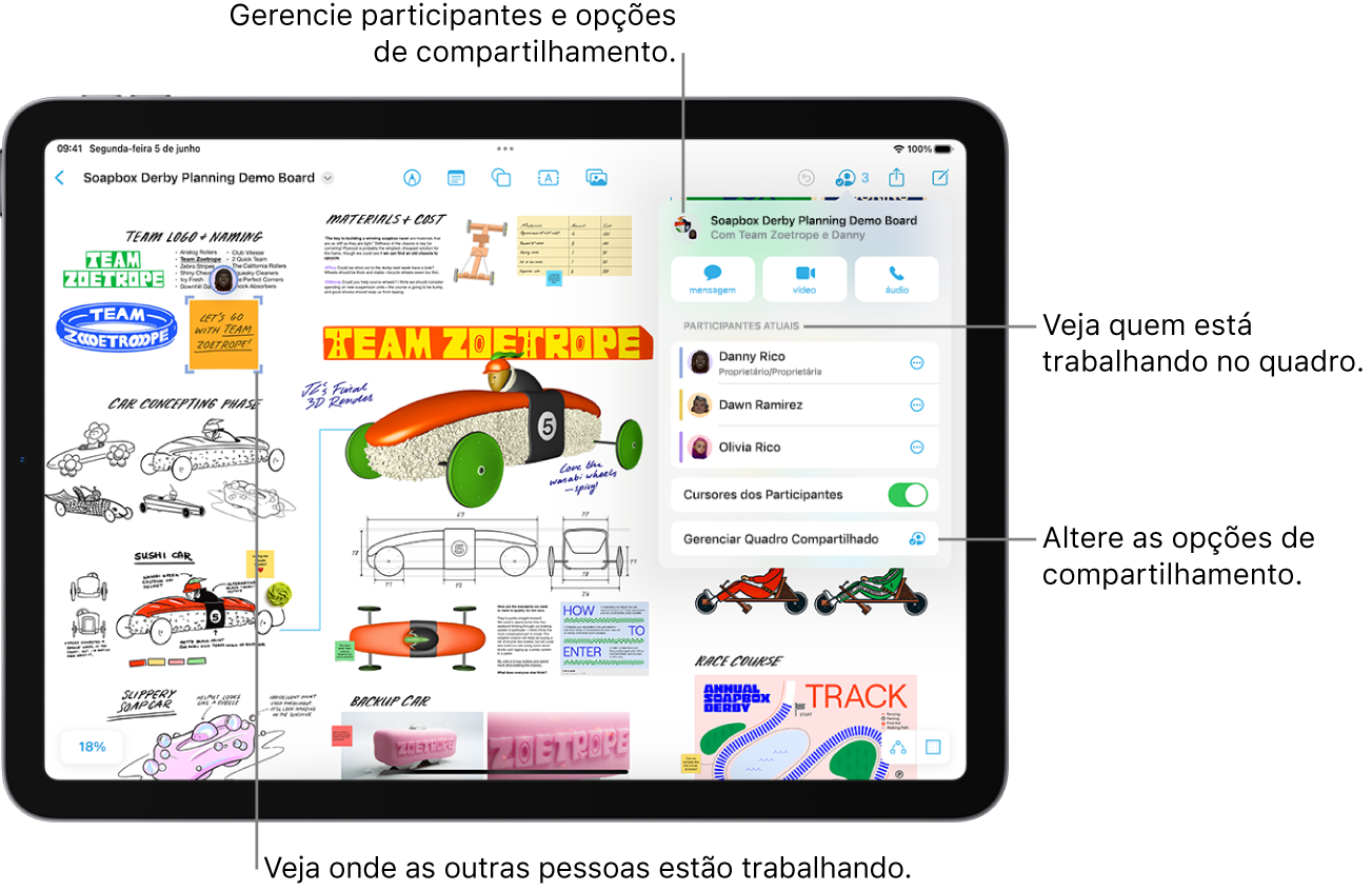 Um quadro compartilhado do Freeform no iPad com o menu de colaboração aberto e a localização de outro participante no quadro marcado com tiques roxos.