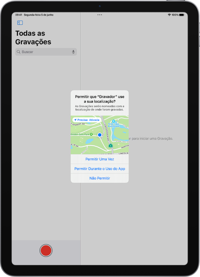 Um pedido de um app para usar dados de localização no iPad. As opções são “Permitir Uma Vez”, “Permitir Durante o Uso do App” e “Não Permitir”.