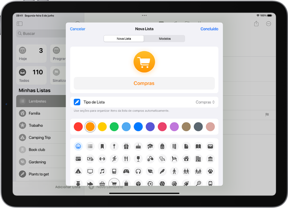 Tela de criação de uma nova lista no app Lembretes. Você pode personalizar o nome, tipo de lista, cor e ícone.