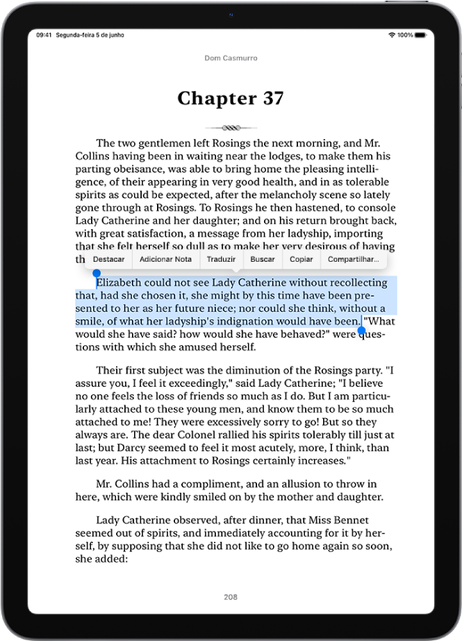 Página de um livro no app Livros, com uma parte do texto da página selecionado. Os botões Destacar, Adicionar Nota, Traduzir, Buscar, Copiar e Compartilhar estão acima do texto selecionado.