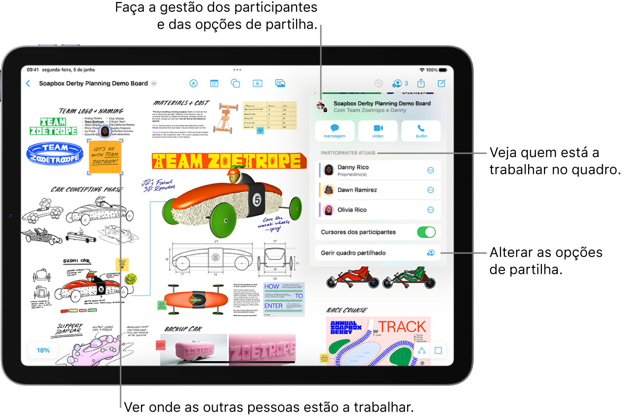 Um quadro Freeform partilhado no iPad com o menu de colaboração aberto e a localização de outro participante no quadro marcado com vistos roxos.