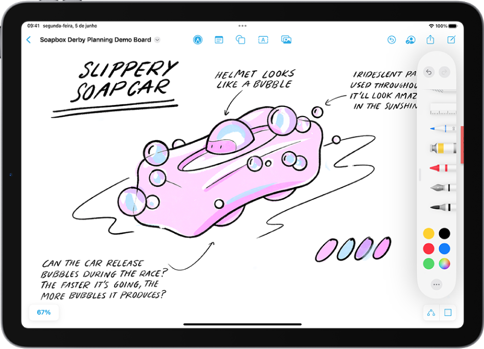 Um iPad com a aplicação Freeform e o menu de ferramentas de desenho aberto. O quadro inclui escrita e desenhos.