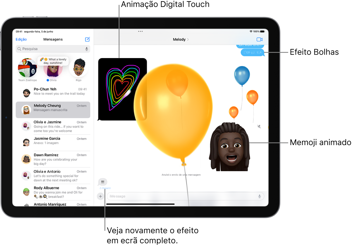 Uma conversa da aplicação Mensagens com bolhas e efeitos de ecrã completo, assim como animações: Digital Touch e uma mensagem escrita à mão.