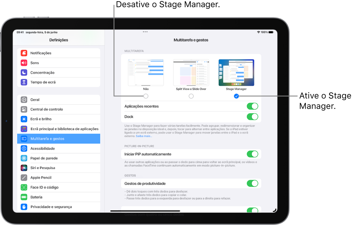 O ecrã de um iPad a mostrar os controlos para ativar ou desativar o Stage Manager, ocultar ou mostrar a lista de aplicações recentes quando o Stage Manager está ativado, e ocultar ou mostrar a Dock quando o Stage Manager está ativado.