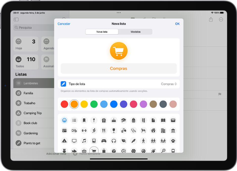 O ecrã para criar uma nova lista na aplicação Lembretes. Pode personalizar o nome, tipo de lista, cor e ícone.