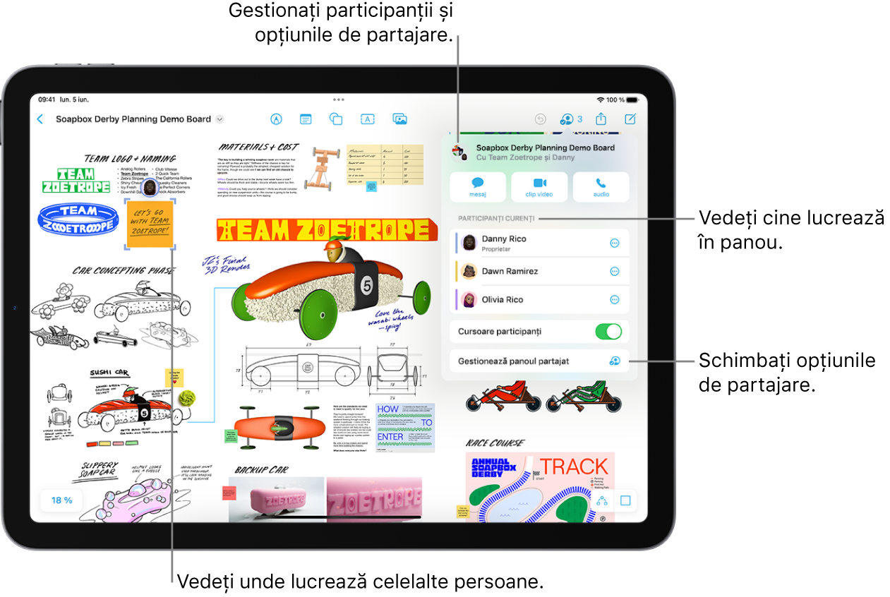 Un panou Freeform partajat pe iPad cu meniul de colaborare deschis și locul din panou unde lucrează alt participant marcat cu bife violet.