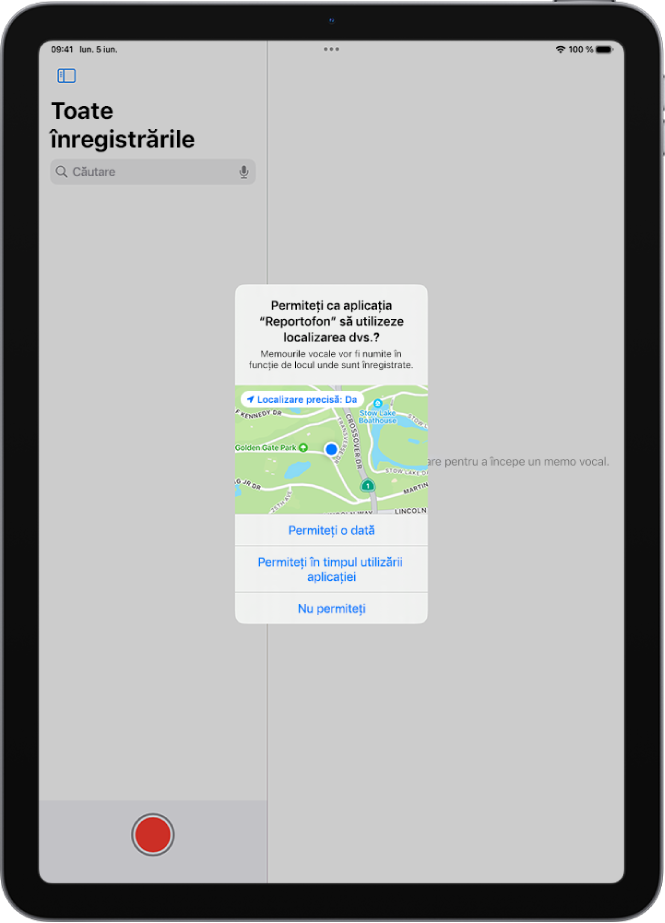 O solicitare din partea unei aplicații pentru a utiliza datele de localizare pe iPad. Opțiunile disponibile sunt: Permiteți o dată, Permiteți în timpul utilizării aplicației și Nu permiteți.