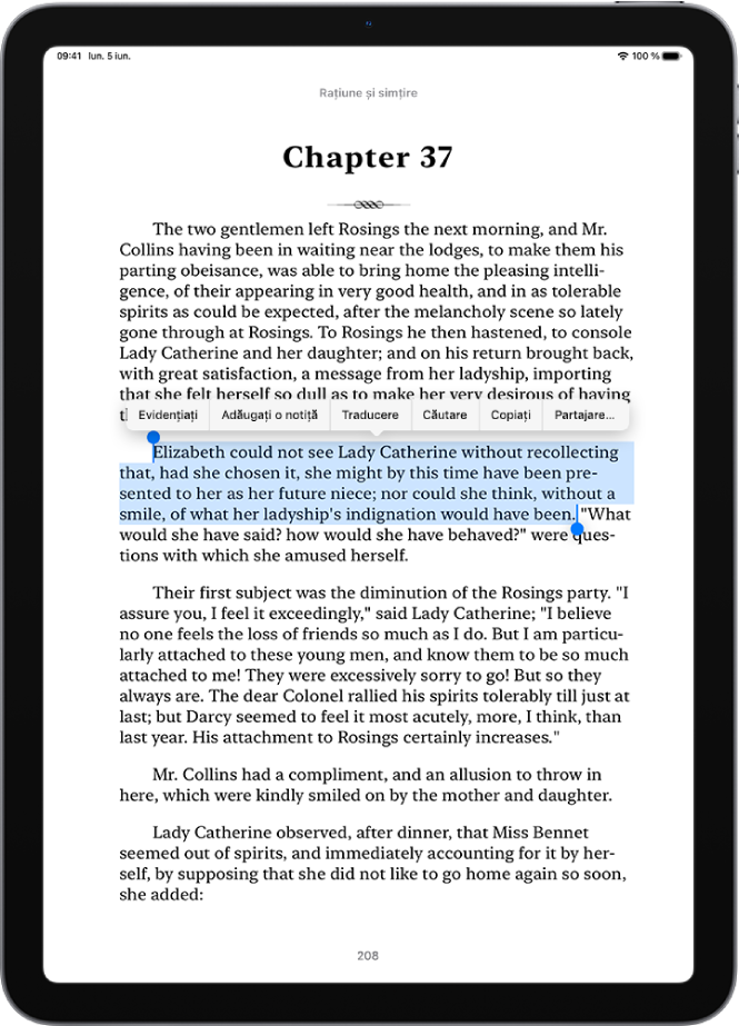 O pagină dintr-o carte în aplicația Cărți, cu o porțiune din text selectată. Butoanele Evidențiați, Adăugați o notiță, Traducere, Căutare, Copiați și Partajați se află deasupra textului selectat.