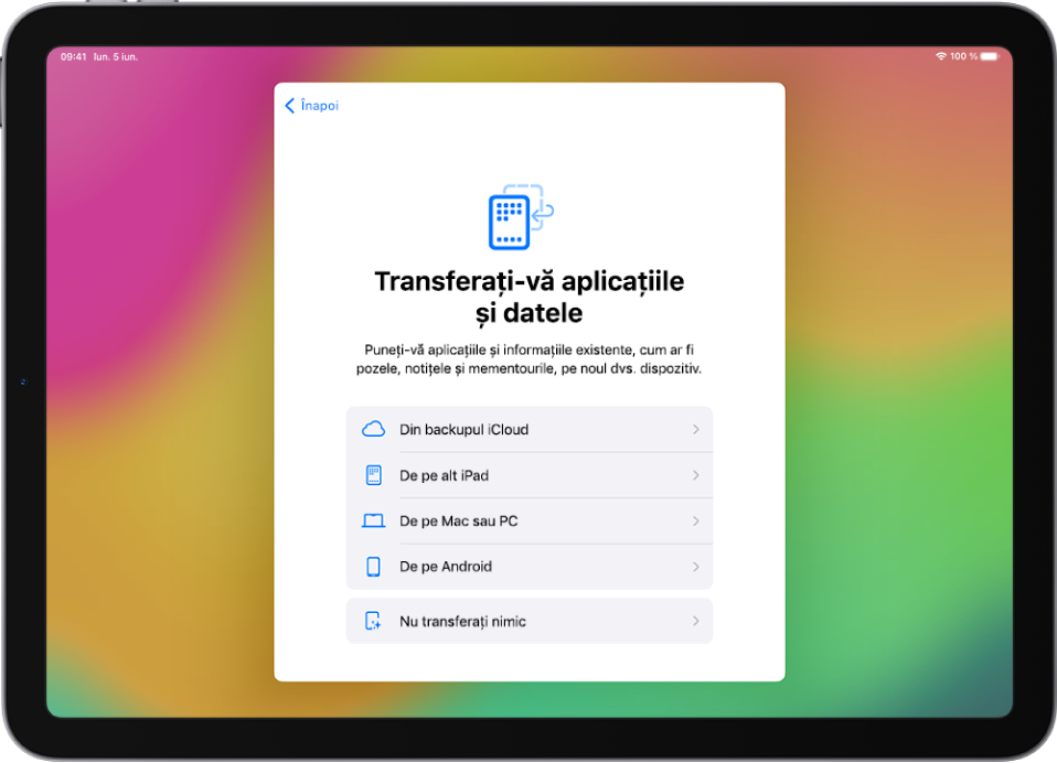Ecranul de configurare, cu opțiuni pentru transferul aplicațiilor și datelor dvs. dintr-un backup iCloud, de pe alt iPad, de pe un Mac sau PC sau de pe un dispozitiv Android.