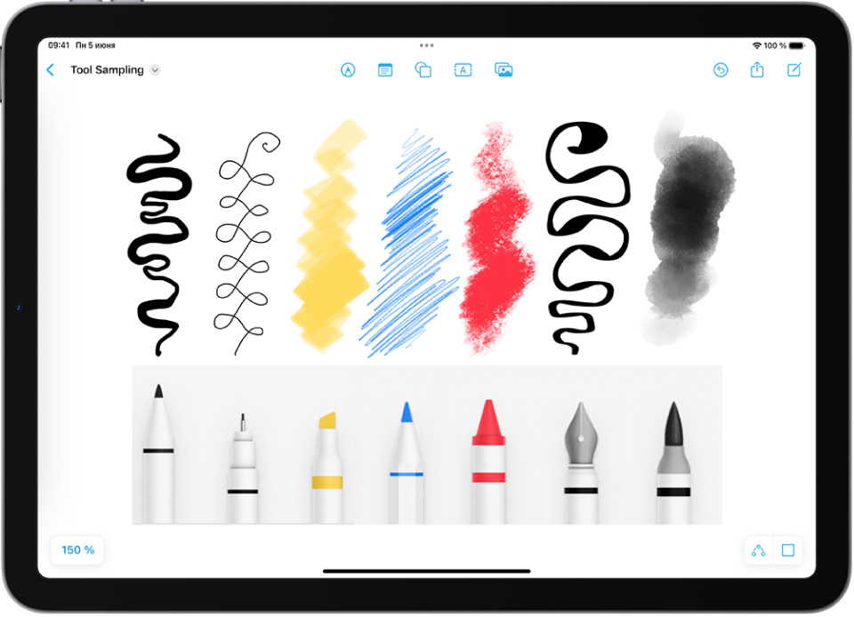 Некоторые инструменты для рисования Freeform и их штрихи: маркер, ручка, текстовыделитель, карандаш, пастельный мелок, перьевая ручка и акварельная кисть.