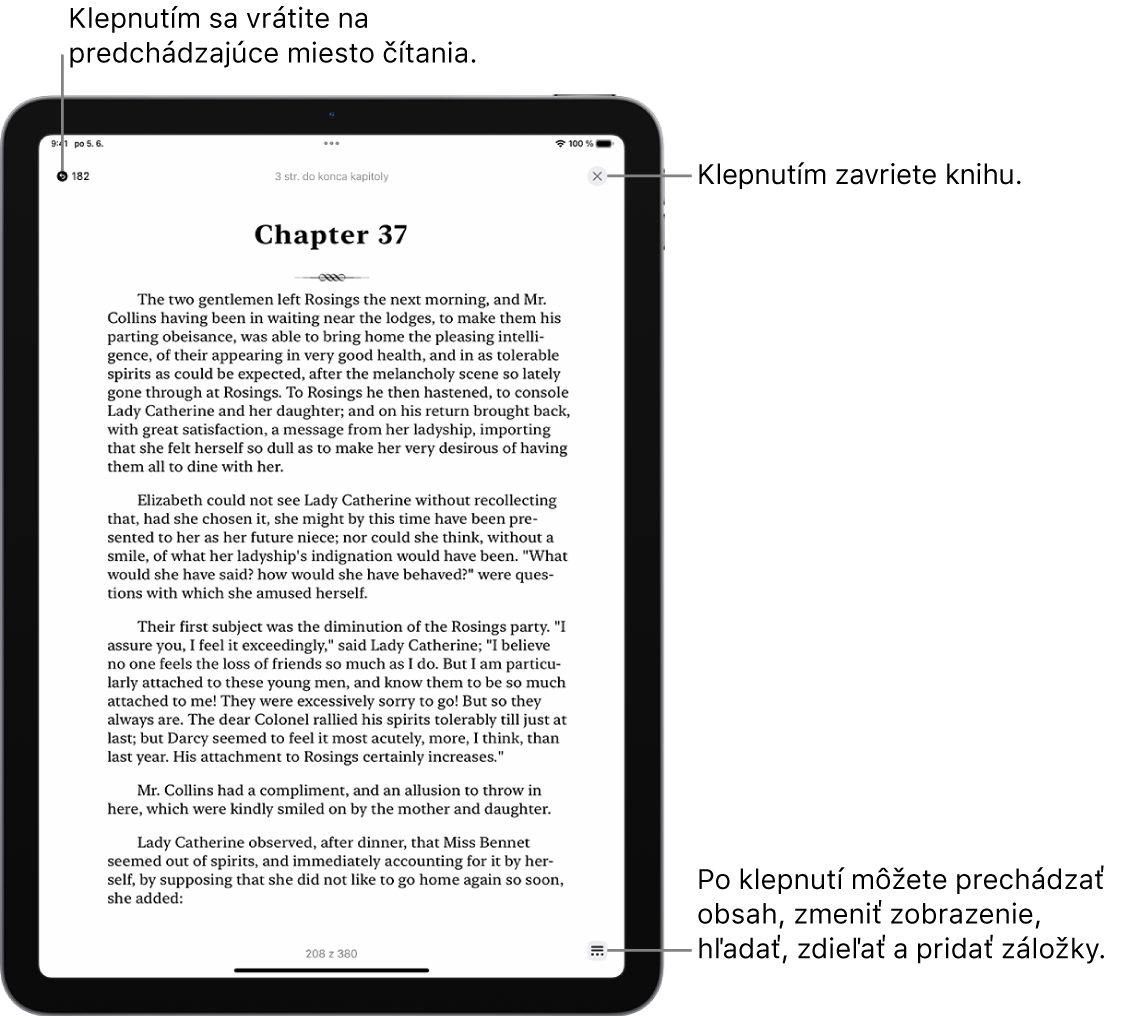 Strana knihy v apke Knihy. V hornej časti obrazovky sú tlačidlá na návrat na stranu, na ktorej ste začali čítať, a na zatvorenie knihy. V pravej dolnej časti obrazovky je tlačidlo Menu.