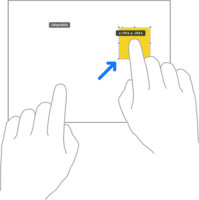 Dva prsty ruky, ktoré presúvajú položku po priamej čiare v apke Freeform.