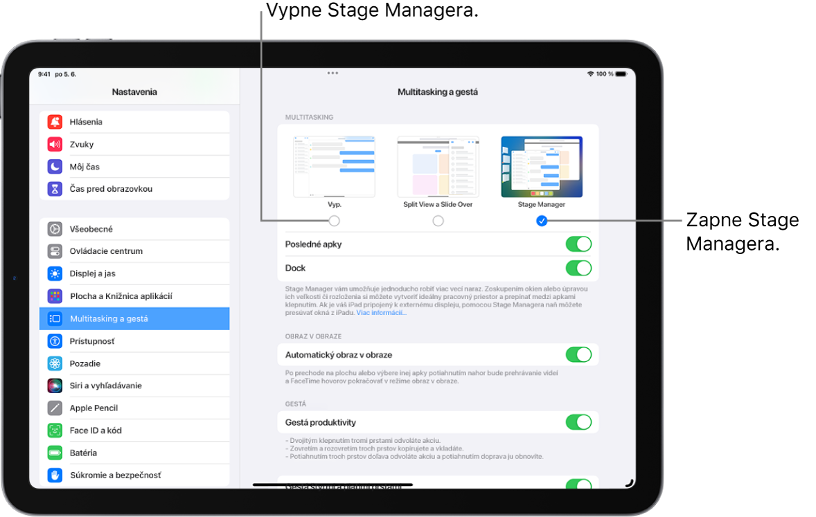 Obrazovka iPadu zobrazujúca ovládacie prvky na zapnutie alebo vypnutie Stage Managera, skrytie alebo zobrazenie zoznamu posledných apiek, keď je Stage Manager zapnutý, a skrytie alebo zobrazenie Docku, keď je Stage Manager zapnutý.