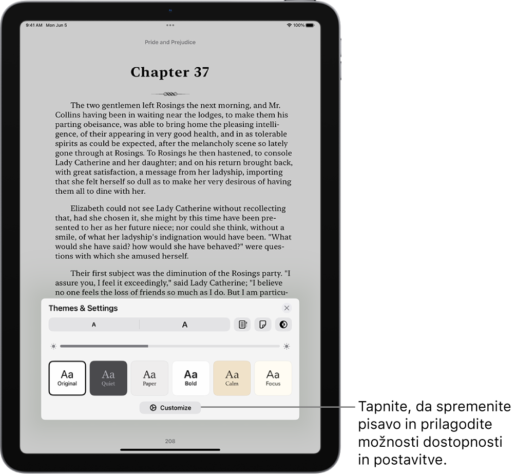 Stran knjige v aplikaciji Books. Možnosti Themes & Settings, ki prikazuje kontrolnike za velikost pisave, drsni pogled, slog obračanja strani, svetlost in možnosti sloga.