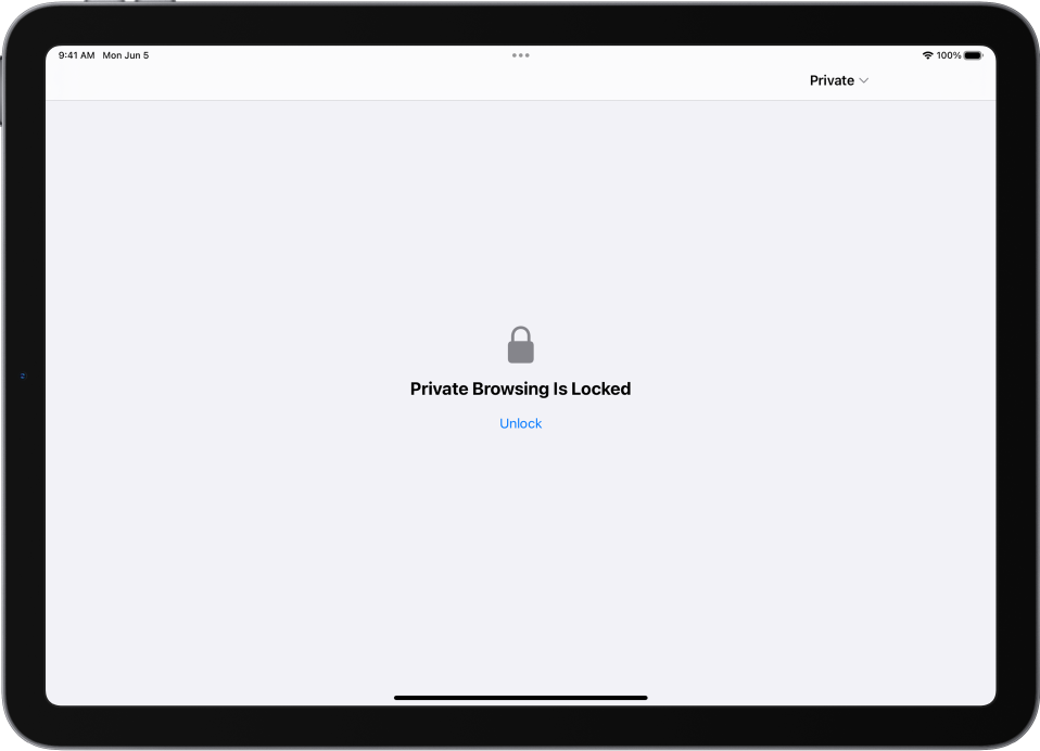Aplikacija Safari je odprta v možnosti Private Browsing. Na sredini zaslona je besedilo Private Browsing Is Locked. Spodaj je gumb Unlock.