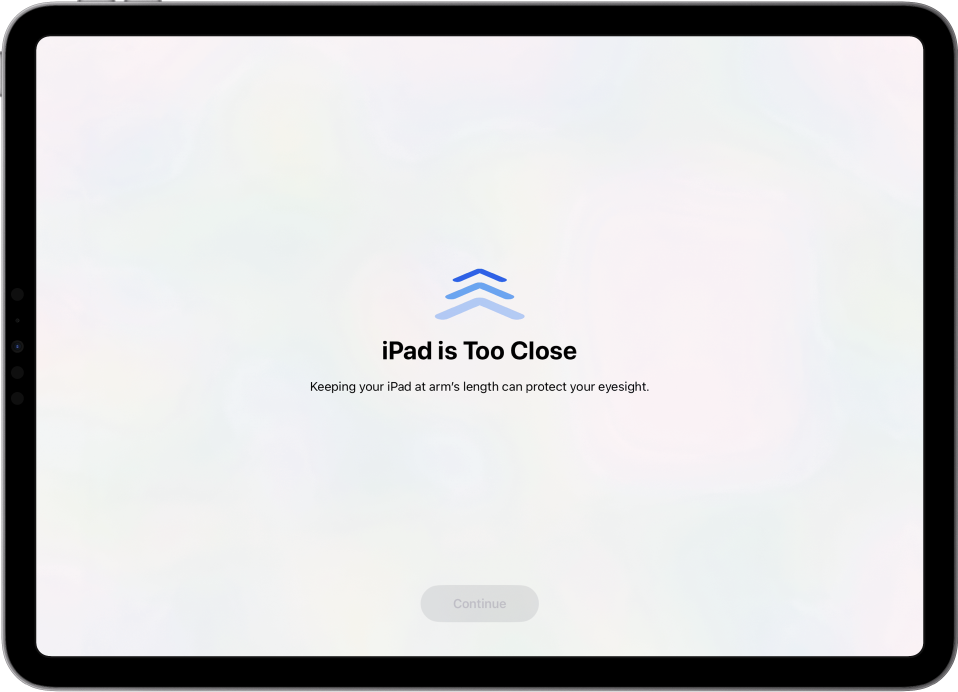 Zaslon z opozorilom, da je iPad preblizu in predlog, da iPad oddaljite. Ko se iPad odmakne, se na dnu prikaže gumb Continue, da se lahko vrnete na prejšnji zaslon.