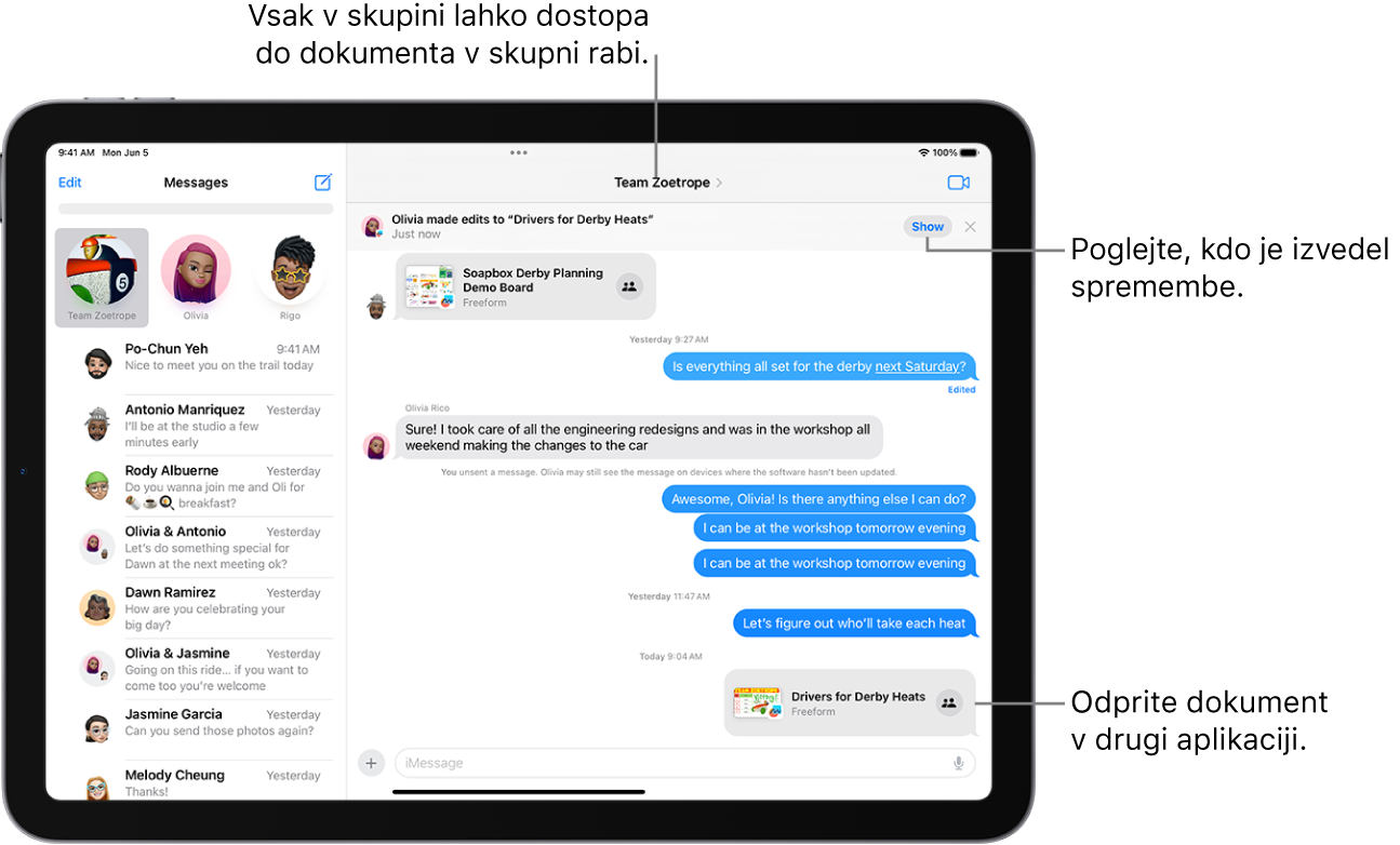 Skupinski pogovor v aplikaciji Messages, vključno s povabilom k sodelovanju in posodobitvami na vrhu okna pogovora.