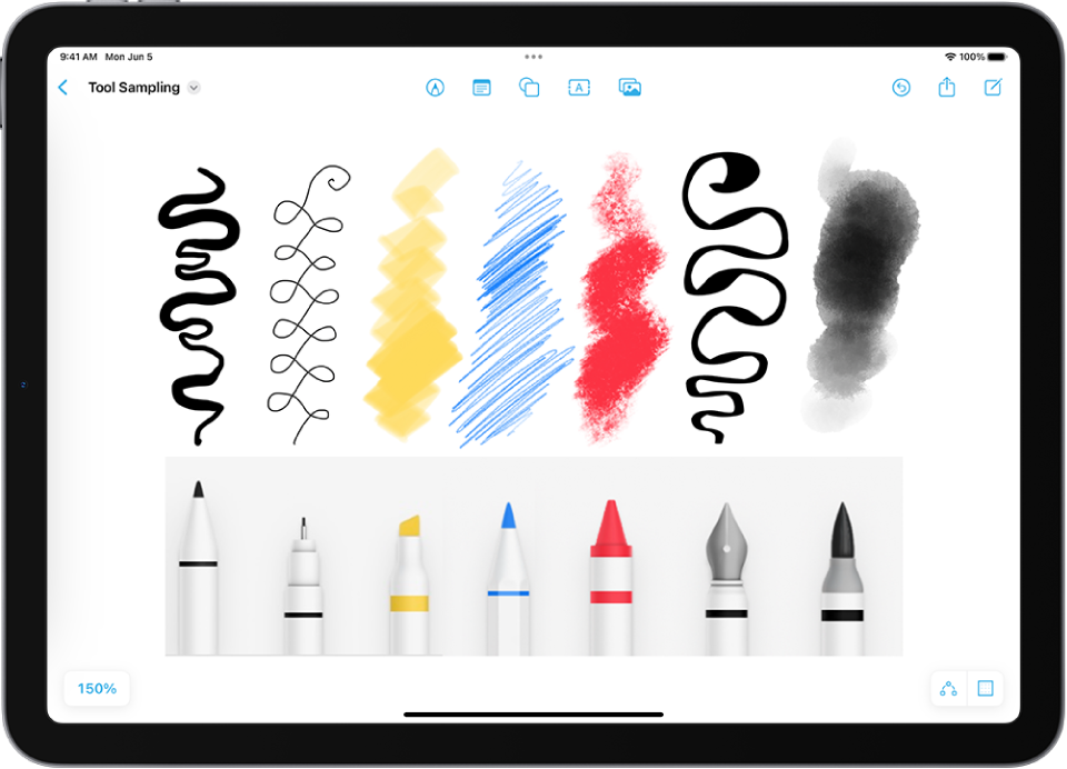 Nekatera orodja za risanje Freeform in njihove poteze: Marker, Pen, Highlighter, Pencil, Crayon, Fountain Pen in Watercolor Brush.