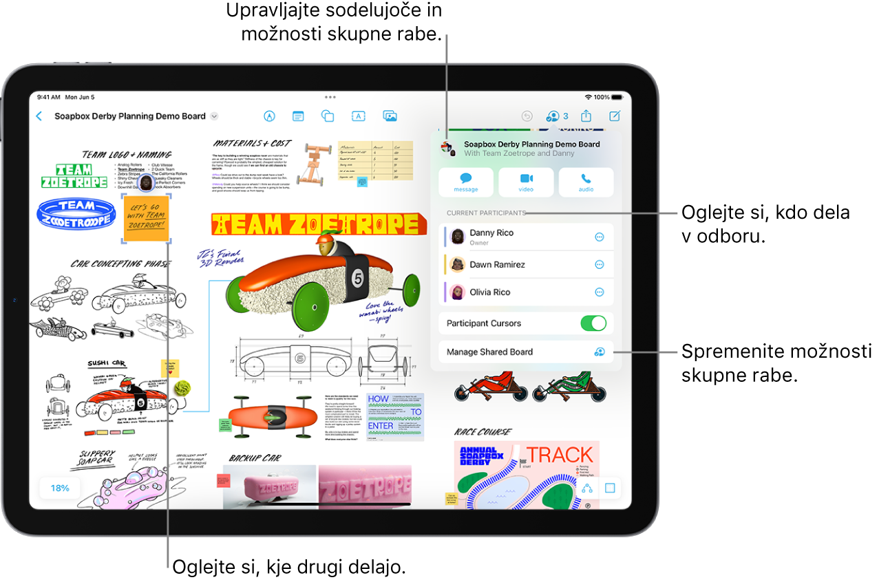 Plošča Freeform v skupni rabi na iPadu z odprtim menijem sodelovanja in lokacijo drugega udeleženca na tabli označena z vijoličnimi kljukicami.