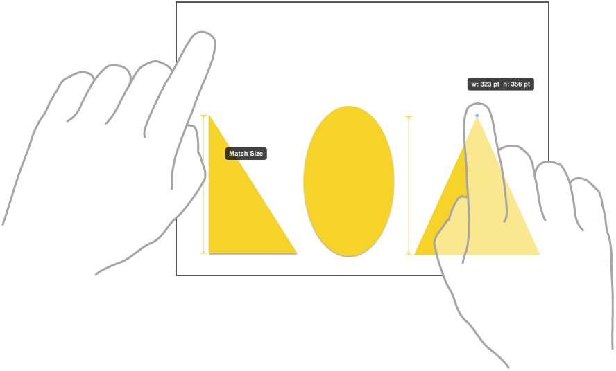 Ilustracija, ki prikazuje dva prsta na dveh rokah, ki izbirata in usklajujeta velikosti dveh predmetov v aplikaciji Freeform.