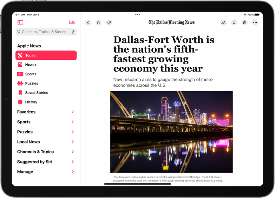 Zgodba Novice v aplikaciji News. V razdelku Apple News v stranski vrstici je izbran Today.