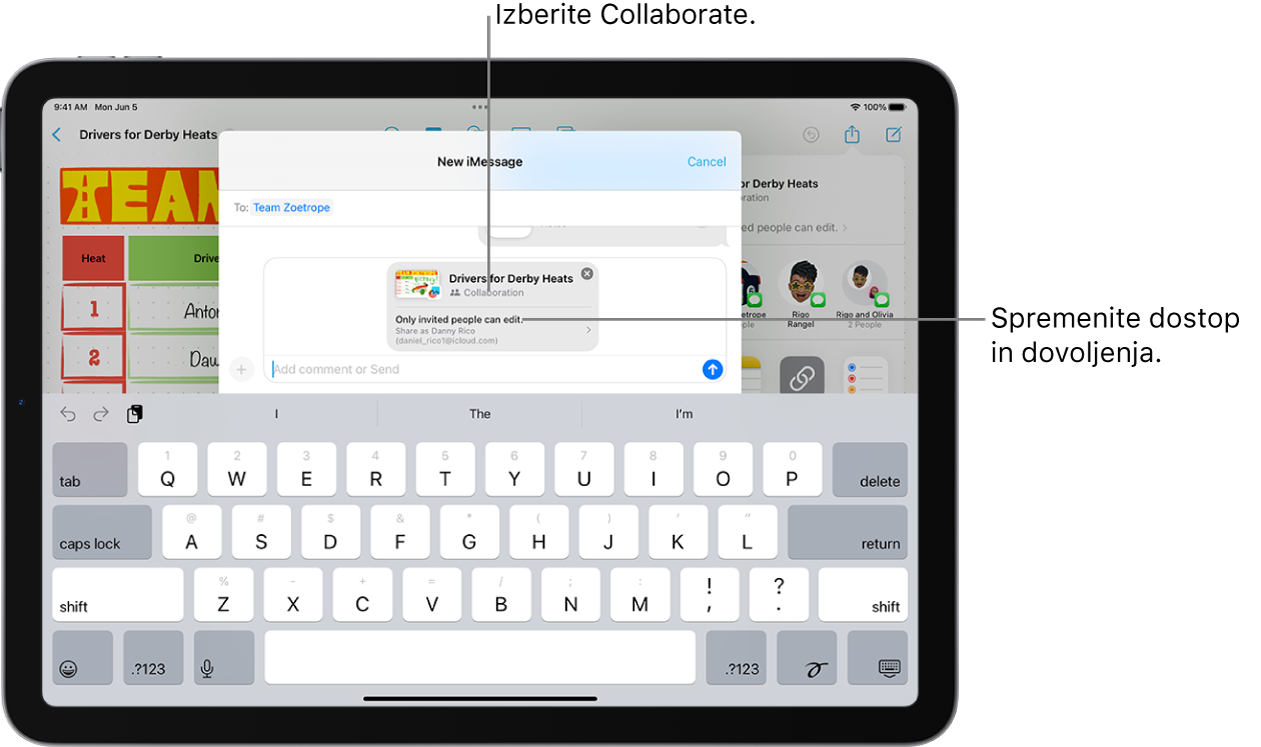 Povabilo za sodelovanje, ki prikazuje možnost Collaborate za skupno rabo in »Only people you invite can edit« kot nastavitev dostopa in dovoljenja. Štirje možni prejemniki, vključno s skupino, tvorijo vrstico pod tem. Spodnja vrstica ponuja različne načine za skupno rabo opombe: AirDrop, Messages, Mail in Freeform.