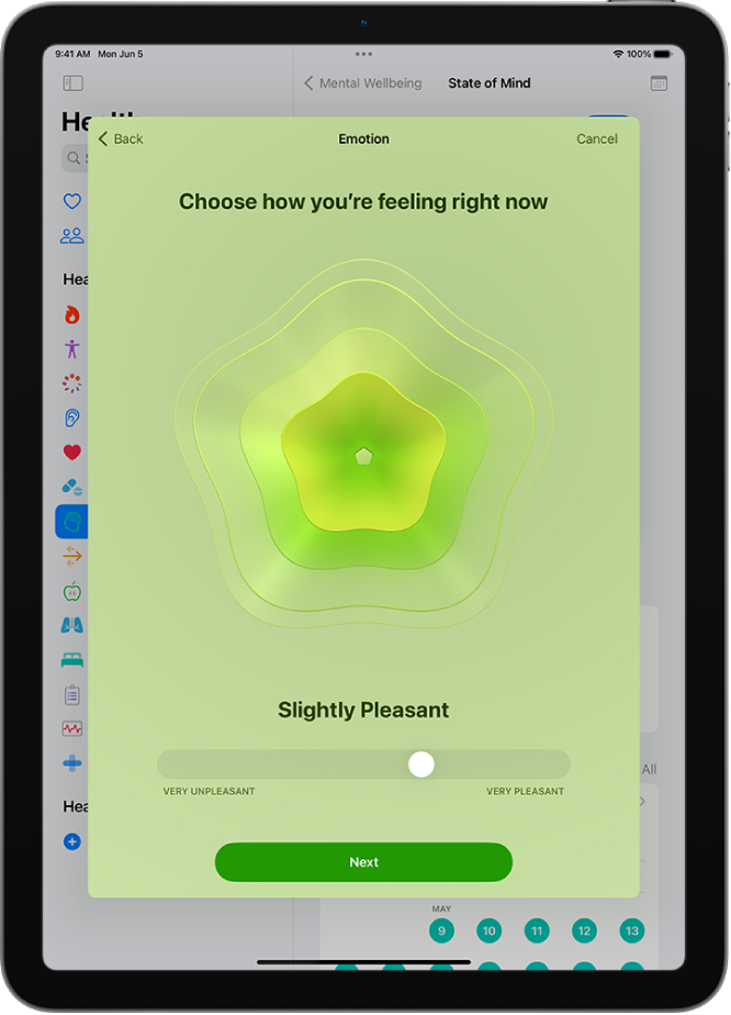 Zaslon v aplikaciji Health, ki prepozna trenutno razpoloženje kot Slightly Pleasant. Na dnu zaslona je drsnik za prilagajanje stopnje čustev.