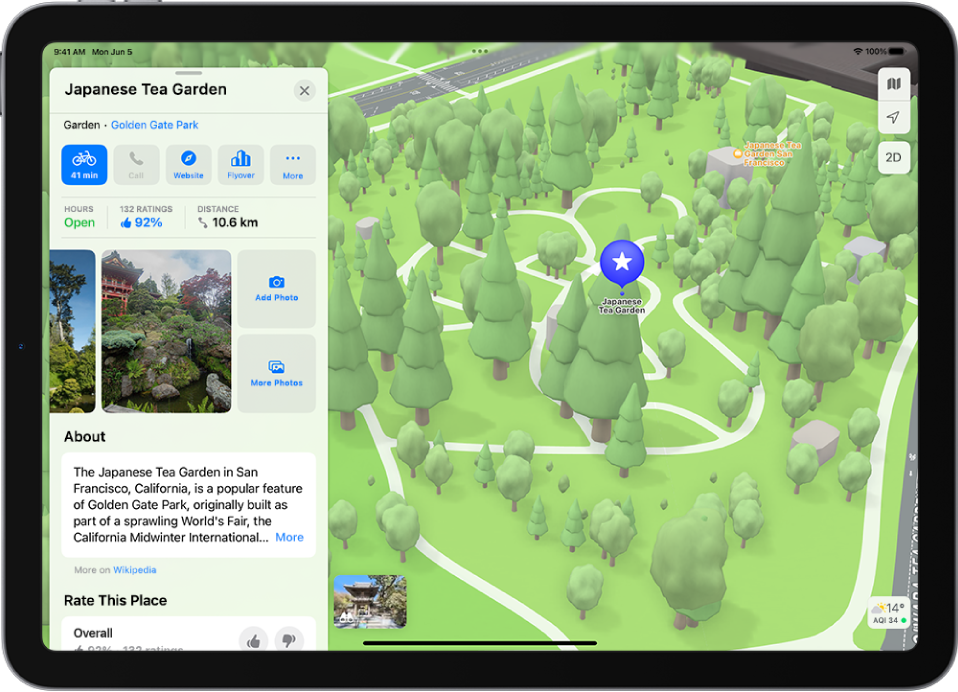 iPad s kartico mesta s skupno oceno lokacije, fotografije in gumbi za dodajanje ali brskanje po fotografijah ali ocenjevanje mesta.