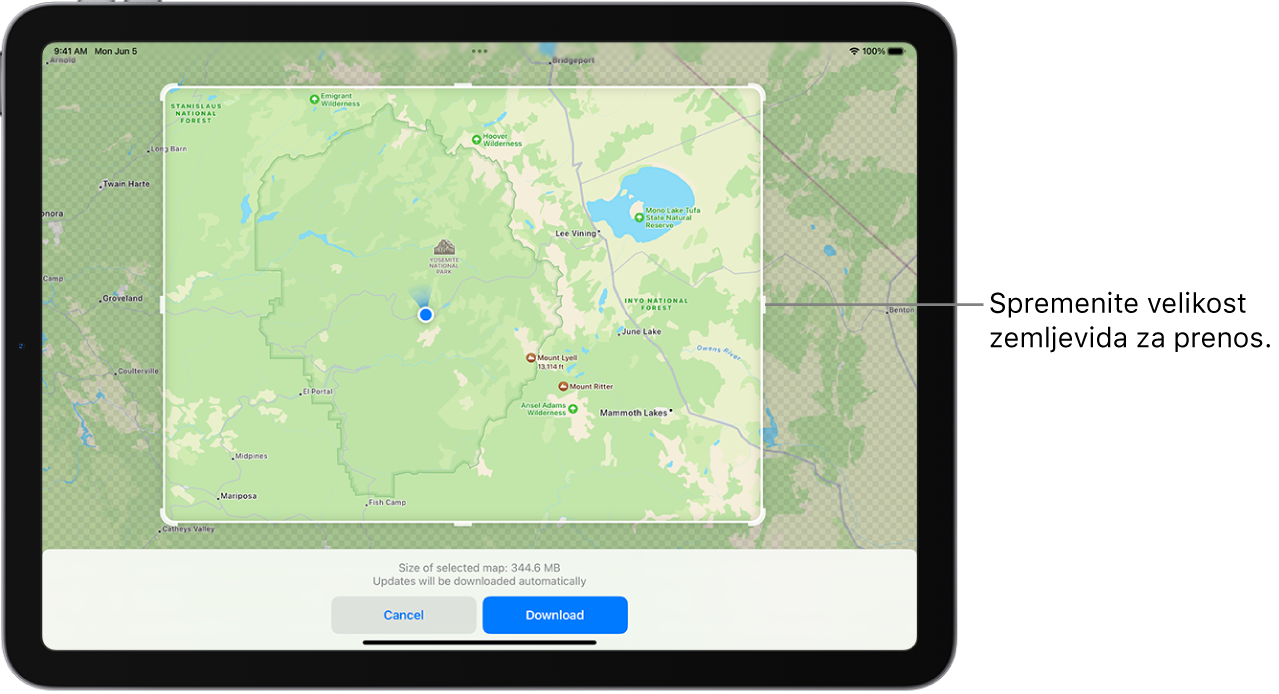 iPad z zemljevidom nacionalnega parka. Park je uokvirjen s pravokotnikom z ročaji, ki jih lahko premikate, da spremenite velikost prenosa zemljevida. Velikost prenosa izbranega zemljevida je prikazana na dnu zemljevida. Gumba Cancel in Download sta na dnu zaslona.