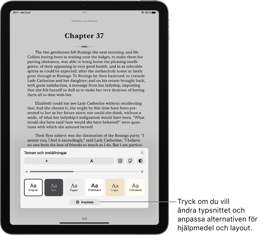 En sida i en bok i appen Böcker. Alternativen Teman och Inställningar visar reglage för typsnittsstorlek, rullningsvy, sidvändningsstil, ljusstyrka och typsnittsstilar.