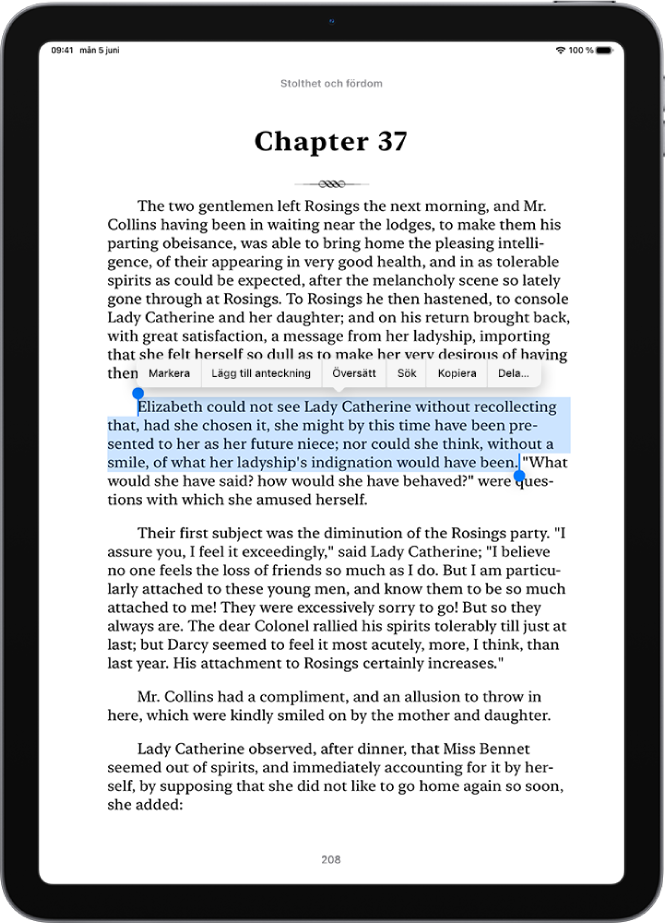 En sida i en bok i appen Böcker där en del av sidans text är markerad. Knapparna Markera, Lägg till anteckning, Översätt, Sök, Kopiera och Dela finns ovanför den markerade texten.