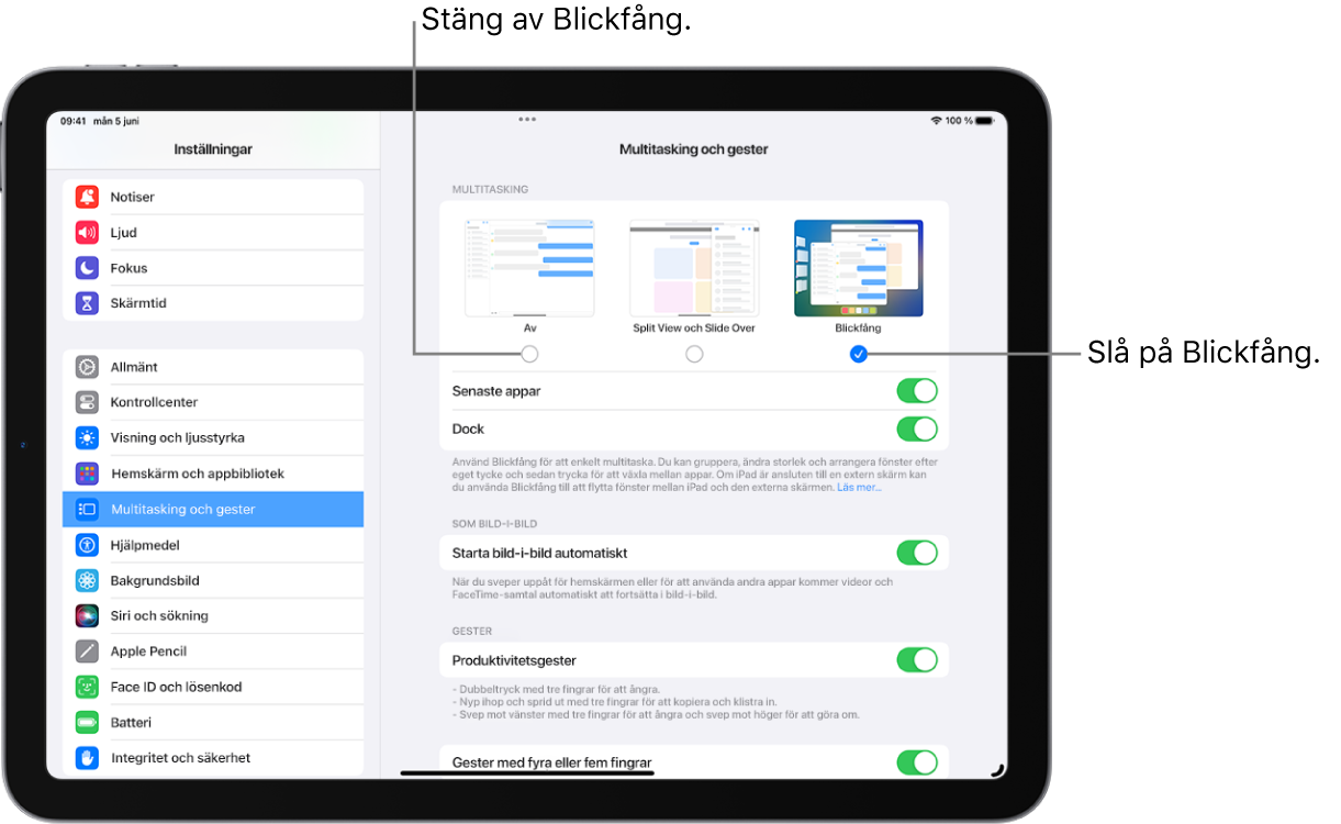 En iPad-skärm med reglagen för att slå på eller stänga av Blickfång, gömma eller visa listan Senaste appar när Blickfång är på och gömma eller visa Dock när Blickfång är på.