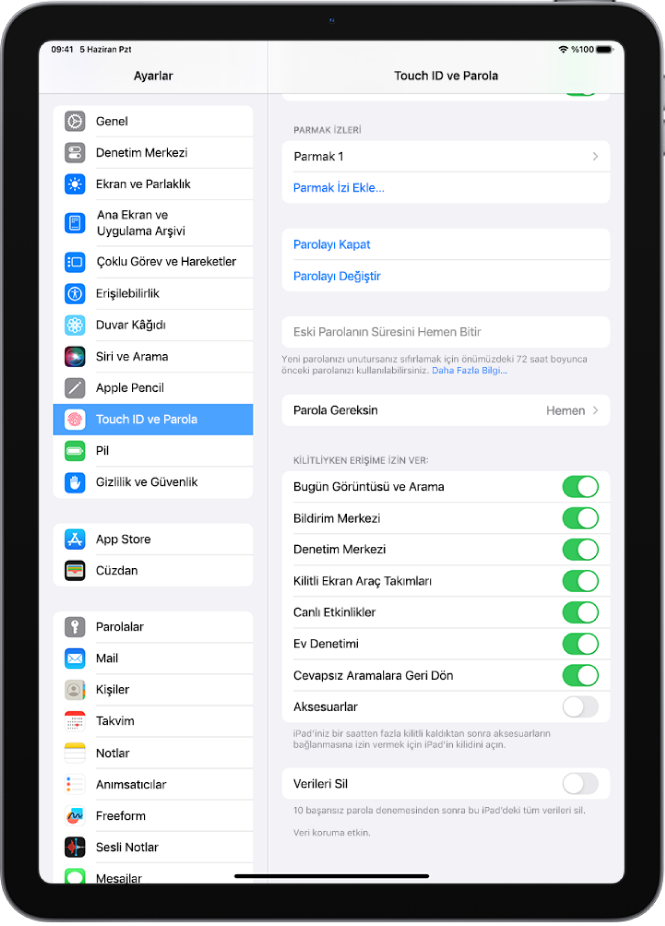 iPad kilitliyken belirli özelliklere erişime izin verme seçenekleri ile Touch ID ve Parola ayarları.