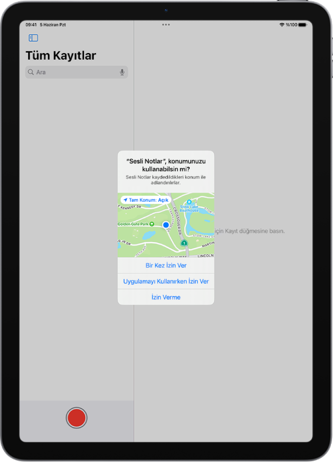 iPad’de bir uygulamadan gelen konum verilerini kullanma isteği. Seçenekler şunlar: Bir Kez İzin Ver, Uygulamayı Kullanırken İzin Ver ve İzin Verme.