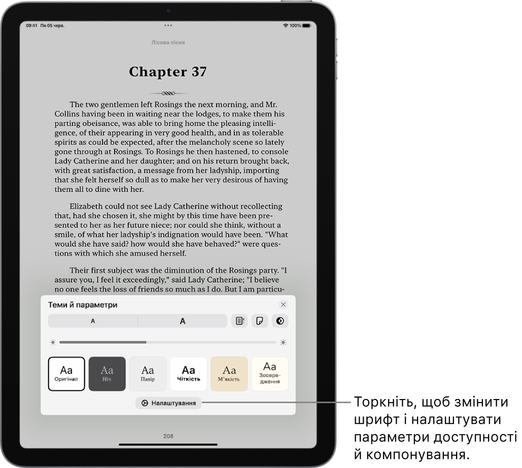 Сторінка книги в програмі «Книги». Опції меню «Теми й параметри» з елементами керування для розміру шрифту, прокручування, способу гортання сторінок, яскравості та стилів шрифту.