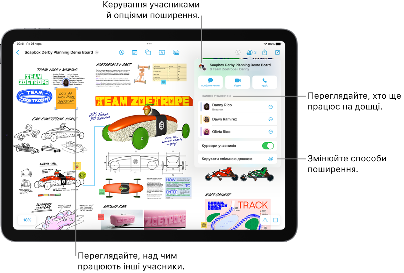 Спільна дошка Freeform на iPad з відкритим меню співпраці й місцем на дошці, у якому працює інший учасник, позначеним бузковими галочками.