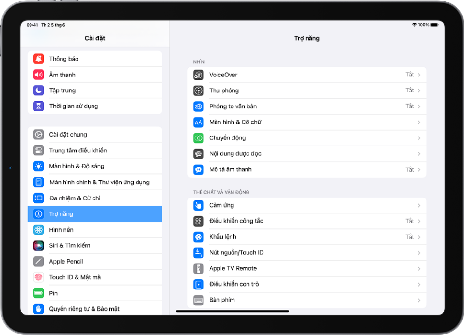 Màn hình Cài đặt của iPad. Ở bên trái của màn hình là thanh bên Cài đặt, Trợ năng được chọn. Ở bên phải của màn hình là các tùy chọn để tùy chỉnh các tính năng Trợ năng.