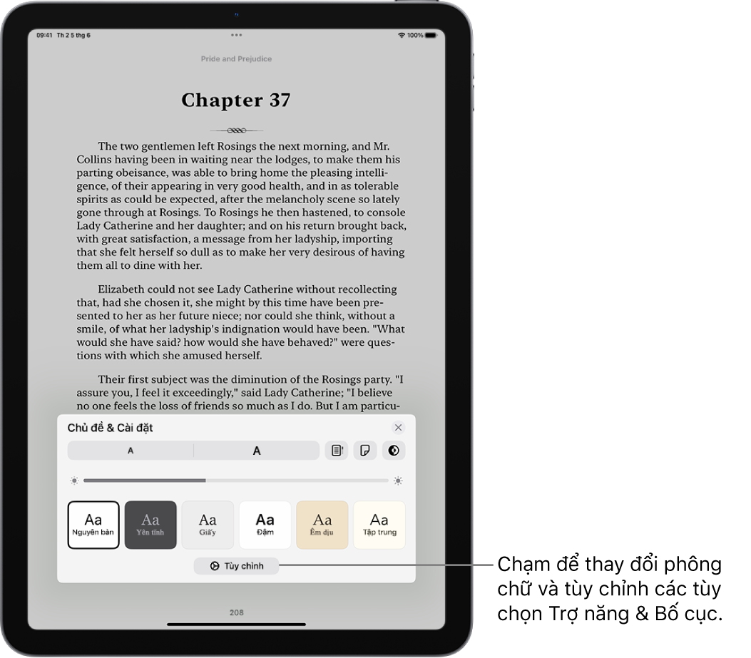 Một trang sách trong ứng dụng Sách. Tùy chọn Chủ đề & Cài đặt hiển thị các điều khiển cho cỡ chữ, chế độ xem cuộn, kiểu lật trang, độ sáng và kiểu phông chữ.