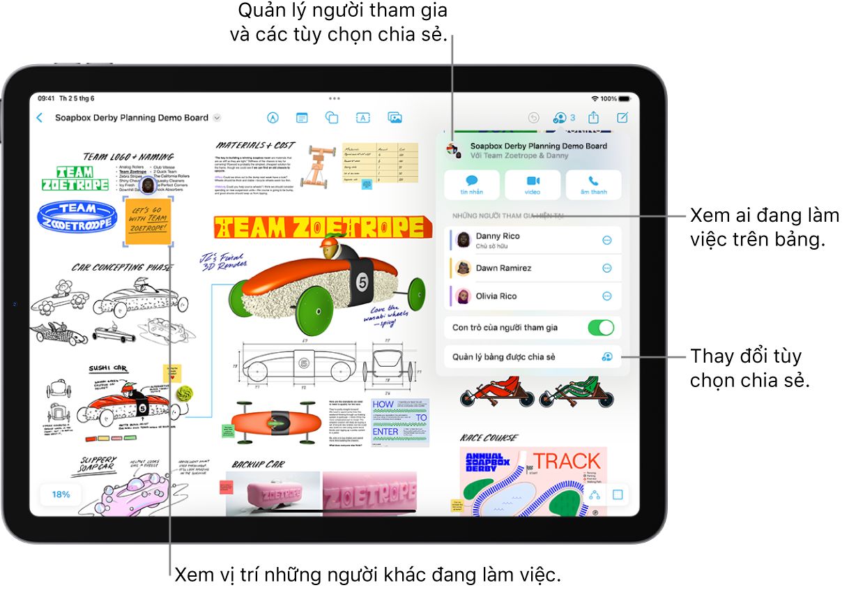 Một bảng Freeform được chia sẻ trên iPad với menu cộng tác được mở và vị trí của một người tham gia khác trên bảng được đánh dấu bằng dấu tick màu tía.