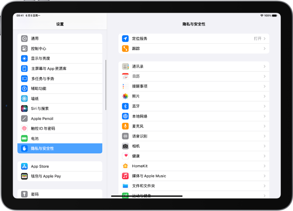 iPad 的“设置”屏幕。屏幕左侧是“设置”边栏；“隐私与安全性”已选中。屏幕右侧是打开和关闭“允许 App 请求跟踪”的选项。