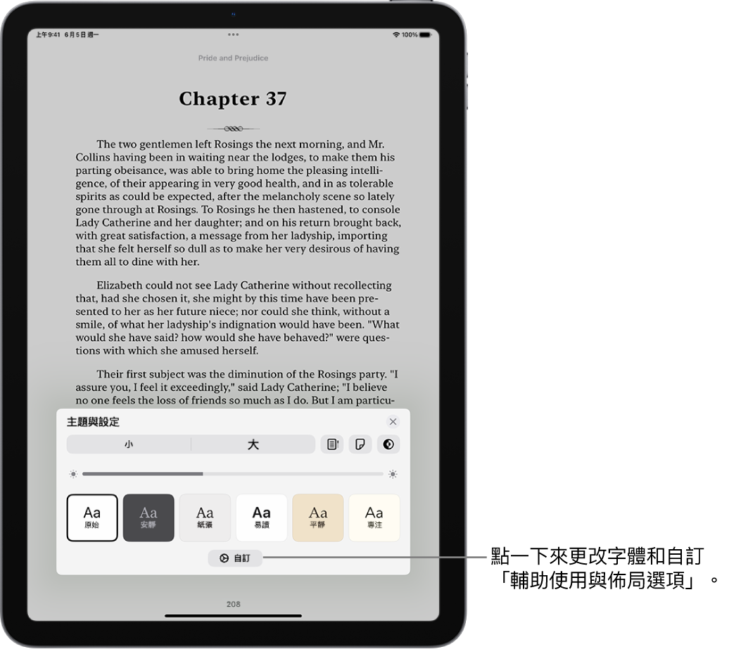 「書籍」App 中某本書的一頁。「主題與設定」選項，顯示字體大小、捲動顯示方式、翻頁樣式、亮度和字體樣式的控制項目。