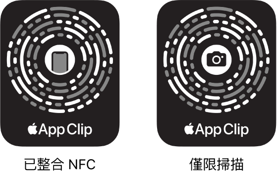 左方為已整合 NFC 的輕巧 App 條碼，iPhone 圖像位於其中央。右方為僅限掃描的輕巧 App 條碼，相機圖像位於其中央。