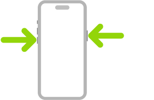 رسم توضيحي للـ iPhone مع أسهم تشير إلى الزر الجانبي في أعلى الجزء الأيمن وأحد زري مستوى الصوت في أعلى اليسار.