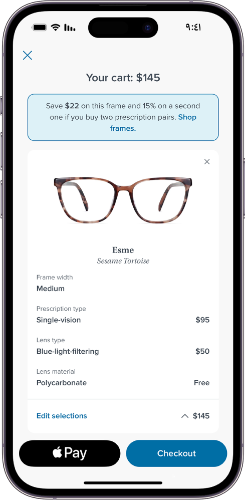 عربة التسوق الخاصة بتطبيق تعرض أسعار العناصر المحددة. يظهر زر Apple Pay في الجزء السفلي الأيمن.