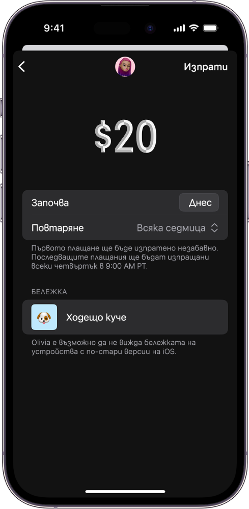 Екран, който показва опции за изпращане на повтарящо се плащане.