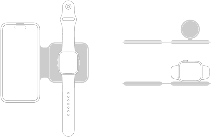 Илюстрацията вляво показва iPhone и Apple Watch, поставени легнали върху зареждащите повърхности на MagSafe Duo Charger. Илюстрация горе вдясно показва, че захранващата повърхност за Apple Watch е повдигната. Илюстрация под нея показва Apple Watch, поставен на повдигнатата захранваща повърхност.