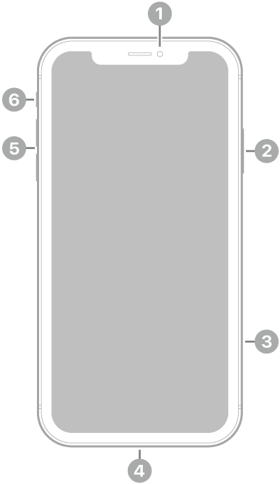 Поглед отпред на iPhone XR. Предната камера е горе в средата. От горе надолу вдясно са разположени страничният бутон и поставката за SIM карта. Lightning съединителят е отдолу. От долу нагоре вляво са разположени бутоните за сила на звука и превключвателят Със/Без звук.
