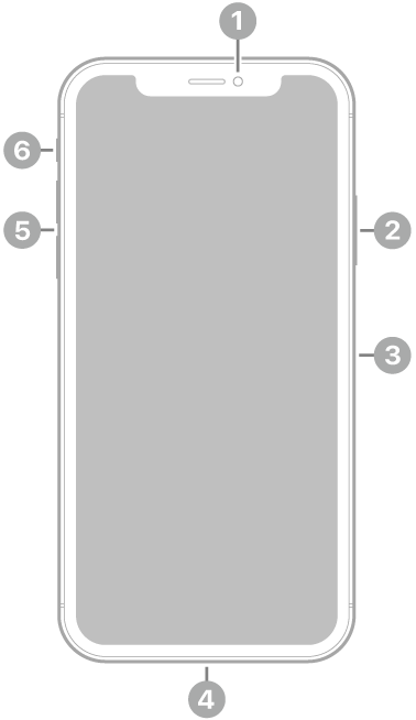 Поглед отпред на iPhone XS. Предната камера е горе в средата. От горе надолу вдясно са разположени страничният бутон и поставката за SIM карта. Lightning съединителят е отдолу. От долу нагоре вляво са разположени бутоните за сила на звука и превключвателят Със/Без звук.