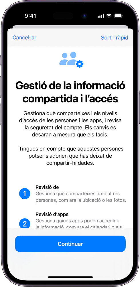 La pantalla “Gestió de la informació compartida i l’accés” a la pestanya “Comprovació de seguretat” de l’app Configuració.
