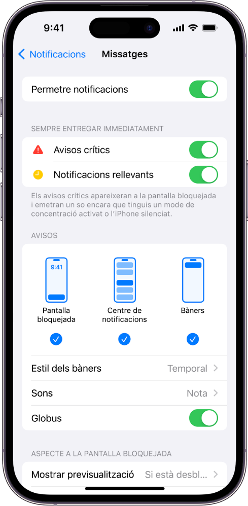 L’iPhone amb configuració de l’app Missatges per a les notificacions i les alertes.